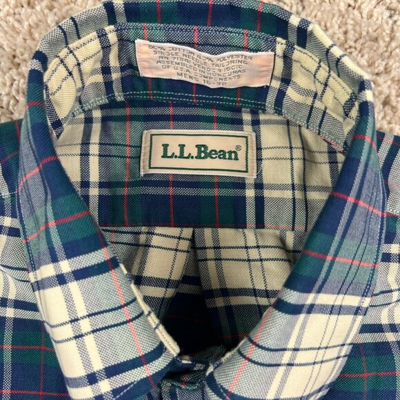 VTG 70’s LL Bean Shirt Mens 16 32 Long Sleeve Button Up Plaid Green Blue Ivory - Picture 2 of 7